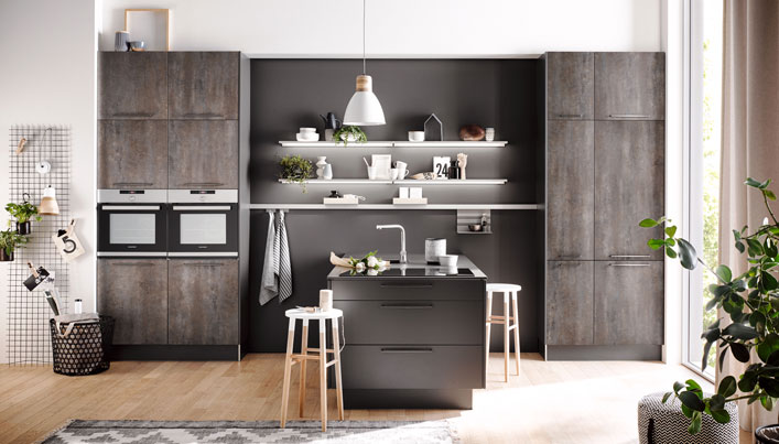 Betonlook schiereilandkeuken | Häcker Classic Betonlook schiereilandkeuken | Häcker Classic
