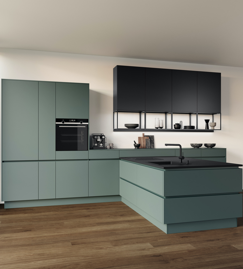 Groen zwarte L-keuken | Satink Keukens L-keuken met groen en zwart | Satink Keukens