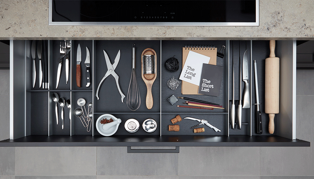 Slimme indeling voor keukenlades voor een minimalistische keuken