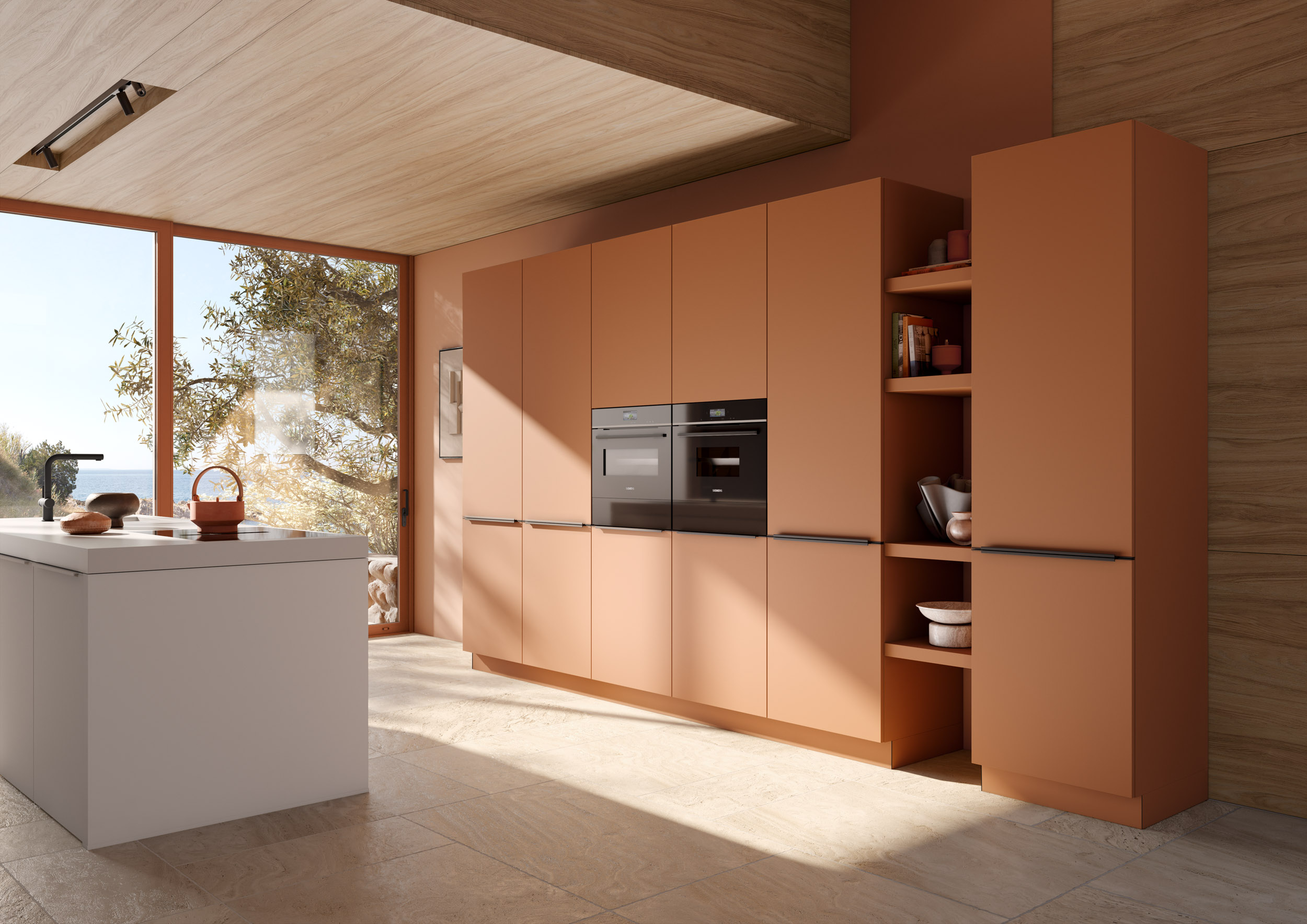 Witte eiland keuken met terracotta kastenwand | Satink Keukens